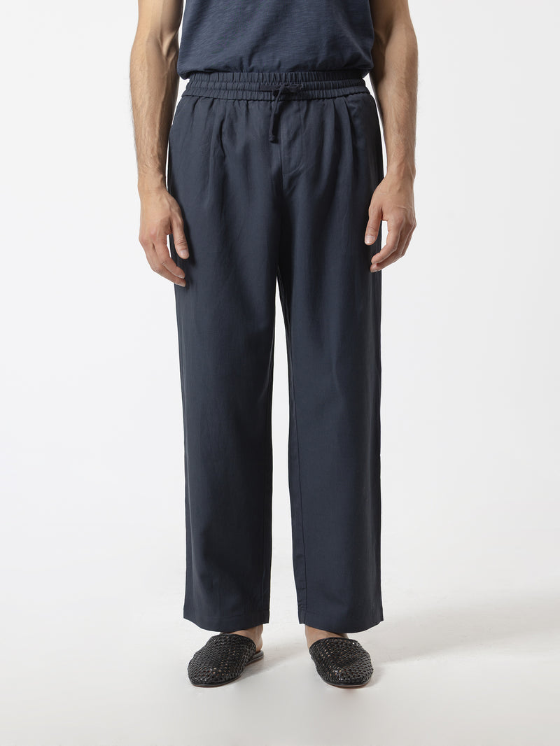 NAVY ELASTIC WAIST WIDE FIT TROUSERS