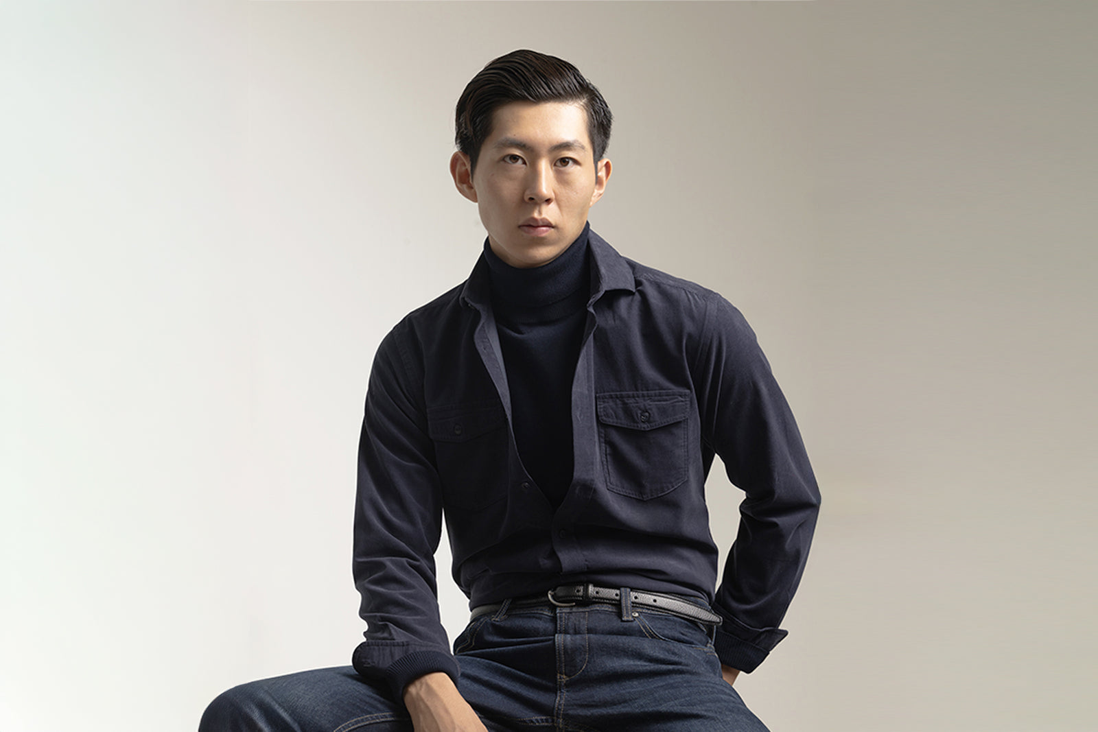 NAVY MICRO CORDUROY POCKET SHIRT